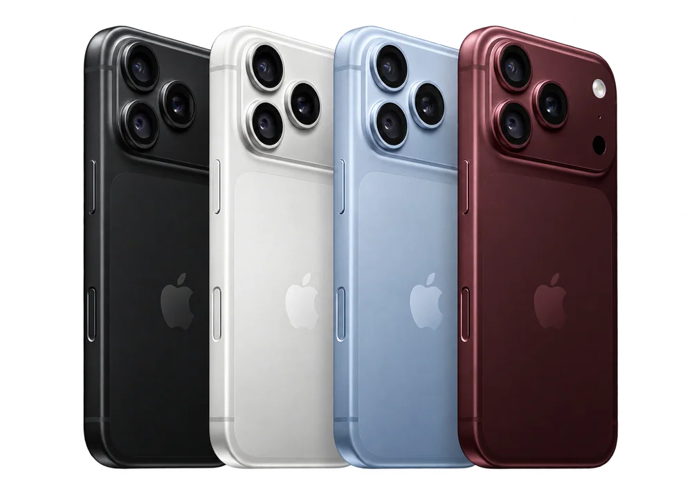 iPhone 18 Pro 官方產品圖,展示勃艮第紅與冰川藍